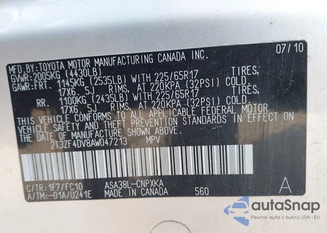 2010 Toyota Rav4 from USA, damaged, VIN 2T3ZF4DV8AW047213
